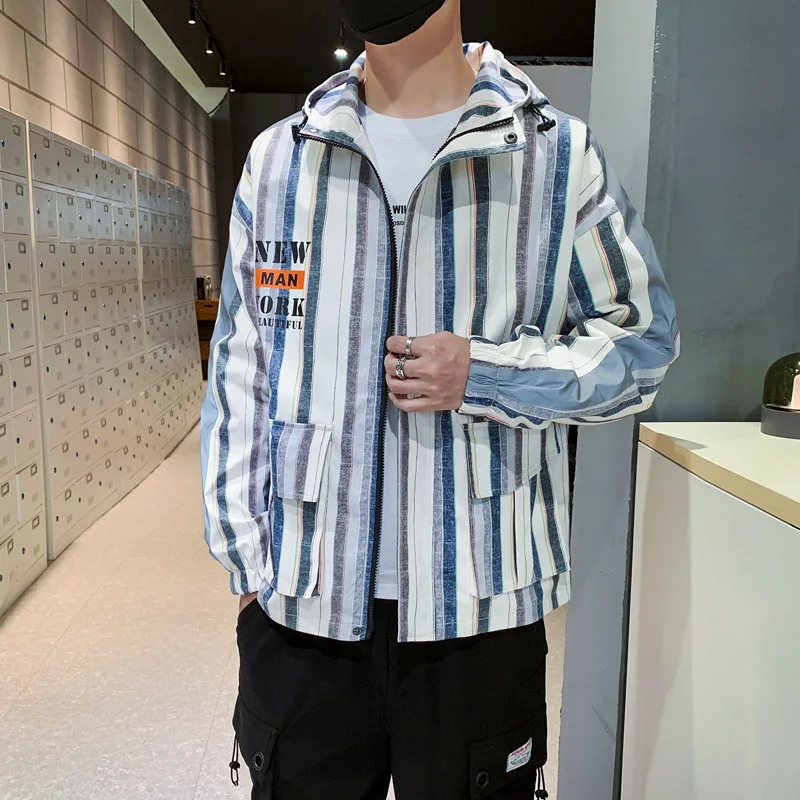 

Male Japanese Trend Spring Autumn The New Loose Casual Stripe Jacket Men with Hood Tooling Jacket Coat