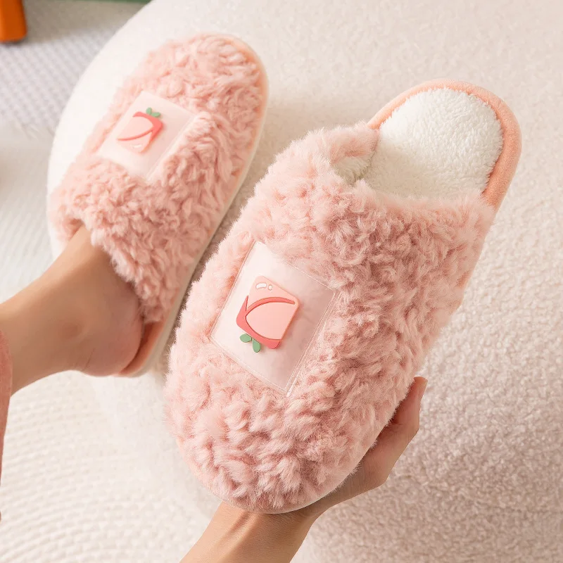 

Women's Closed Slippers Furry Warm Cozy Bedroom Memory Foam Platform Shoes Skin-Friendly Plush Cute Fruit Home Soft Slippers