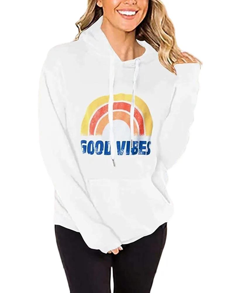 

Carney women's sweater rainbow pattern good vibes printed hooded long sleeve sweater