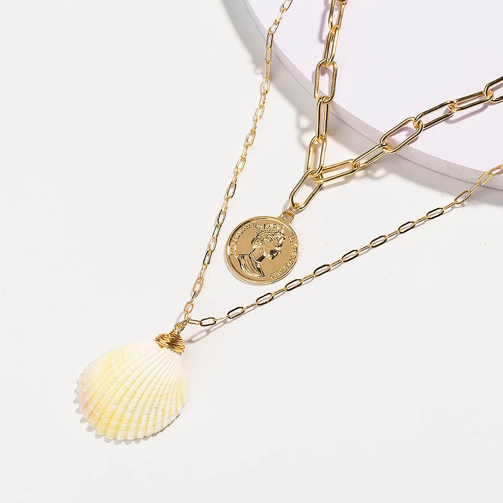 

Модное популярное пляжное украшение INS, винтажное многослойное ожерелье с биркой в виде золотой монеты и головы Натурального Розового фест...