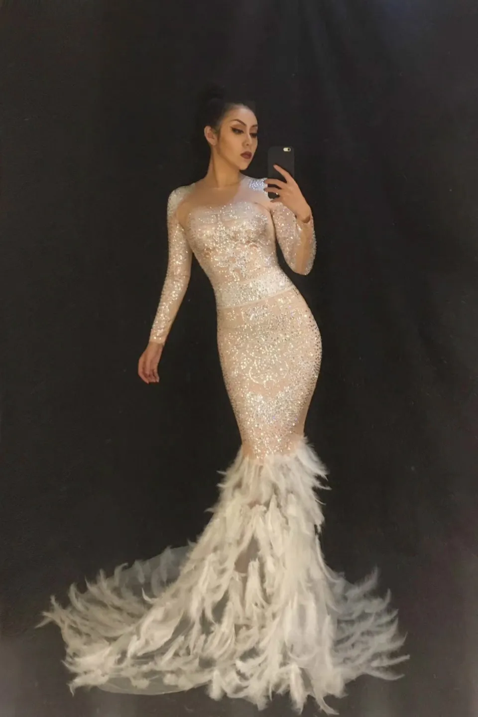 

Sparkly AB Rhinestone Feather Long Dress Glisten Full Crystal Big Floor Tail Dress Stage Costume Prom Birthday Celebrate Dresses