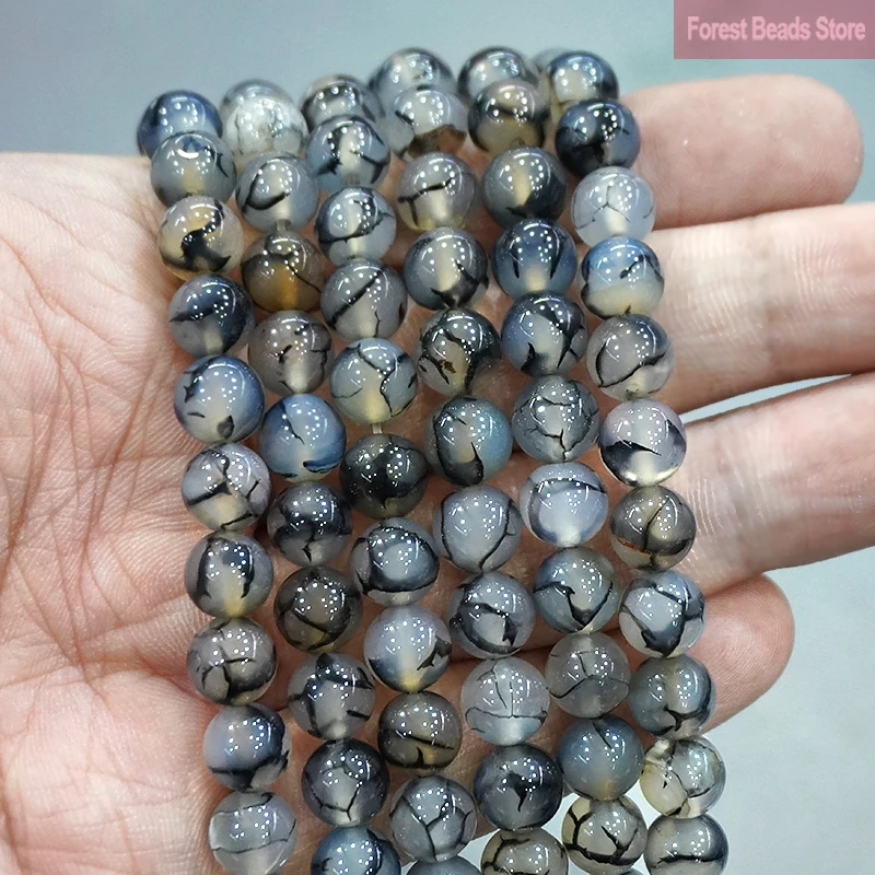 Natural Stone Black Dragon Vein Agates Round Beads DIY Bracelet Necklace Pendants for Jewelry Making 15" Strand 4 6 8 10 12 14MM