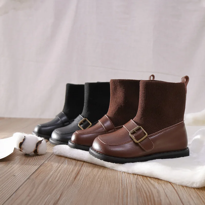 

Autumn Winter Girls Boots Leather Shoes Fashion Knitted Kids Boots Anti-slip Baby Girl Boots SGF096