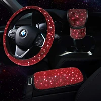red bling car accessories set for women gear shift cover steering wheel rhinestone center console decor set 3pcs universal use