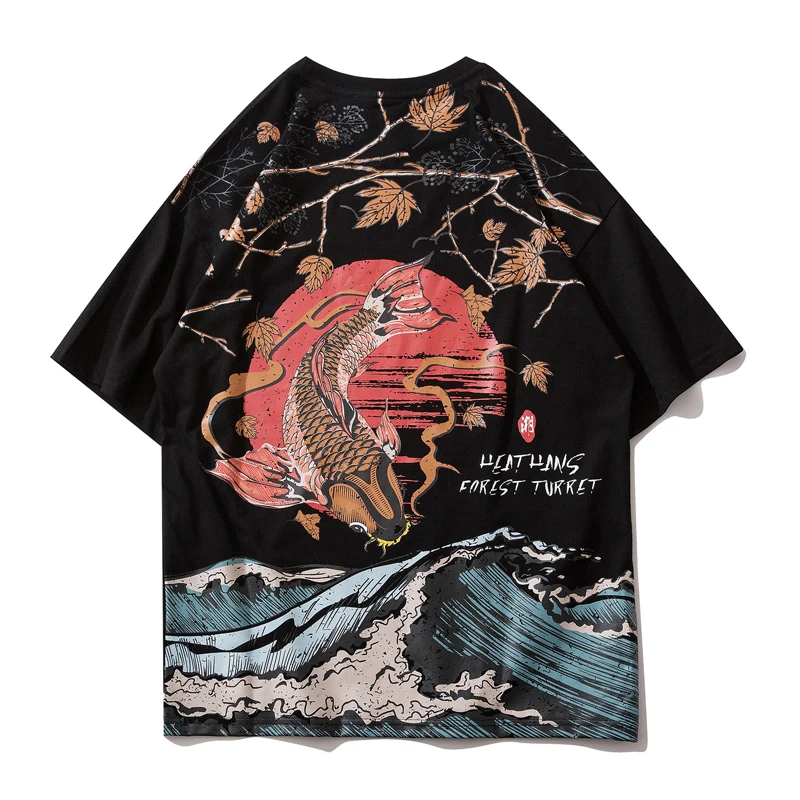 

Летняя футболка мужская хип-хоп Карп хлопковые футболки с принтом в виде Свободные толстовки с круглым вырезом Camisetas негабаритных универса...