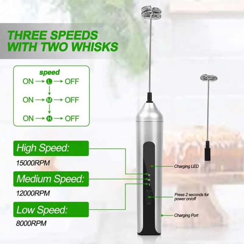 

USB Rechargeable Milk Frother Mixer 1 Whisk Handheld 3-Speed Milk Foamer For Cappuccino N58D