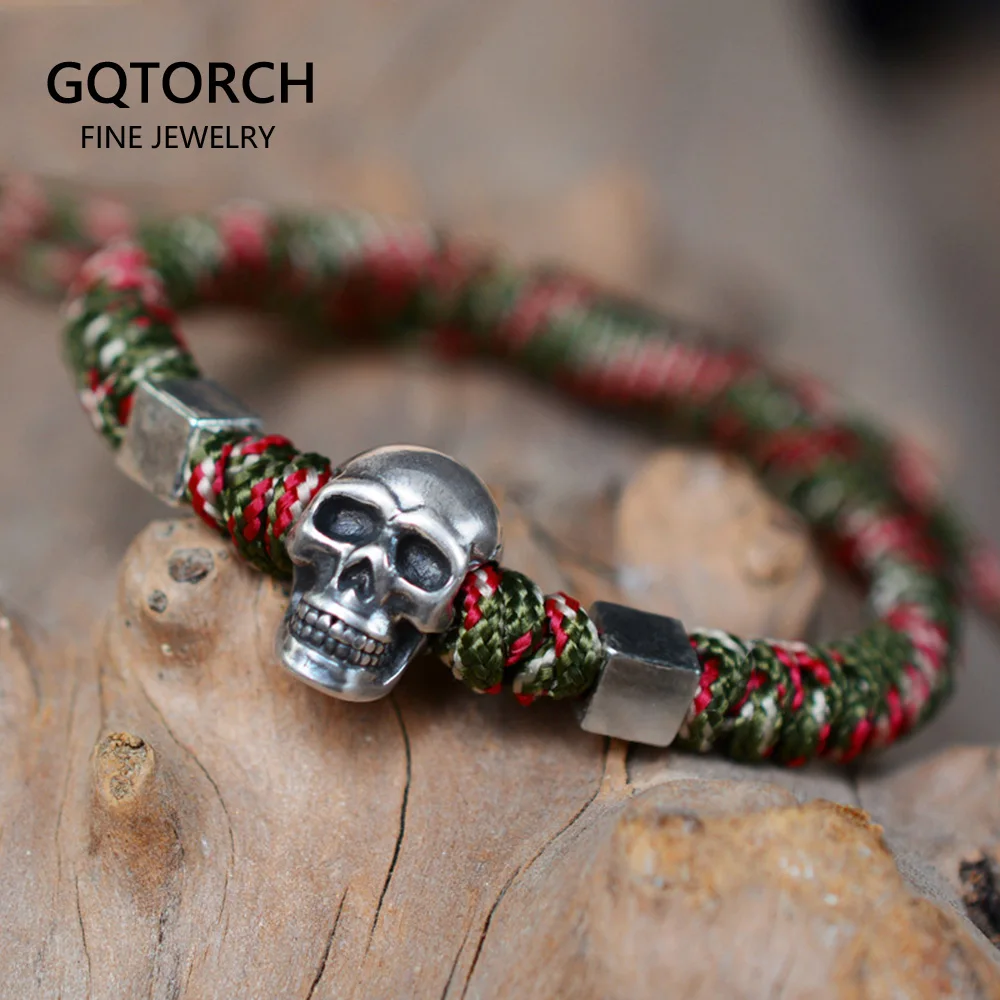 

925 Sterling Silver Skull Bracelets Bangles Hand Braided Adjustable Rope Bracelet Skeleton Charm Bracelet Men Jewelry