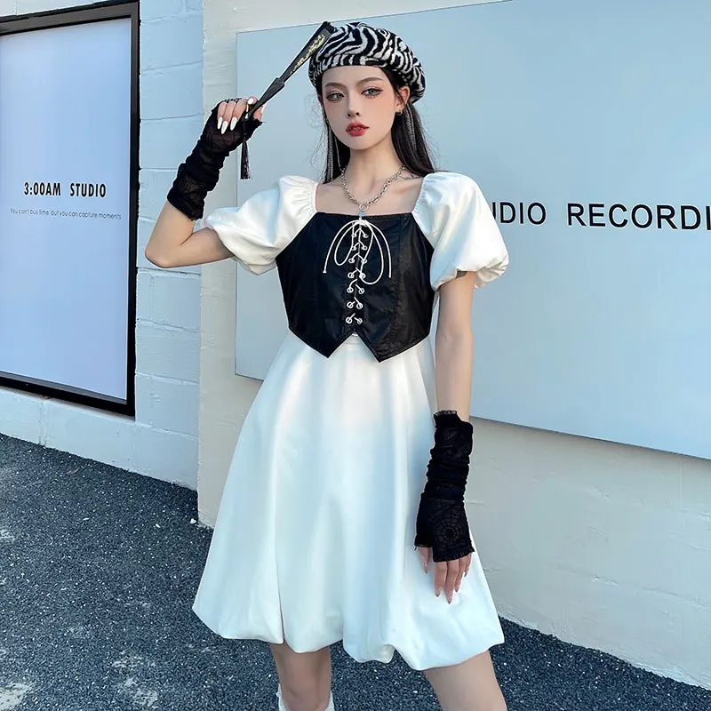 

White Gothic Dress Harajuku Women's Dresses Vintage Square Collar Bandage Bow Puff Sleeve Sweety Ruffle Preppy Dresses