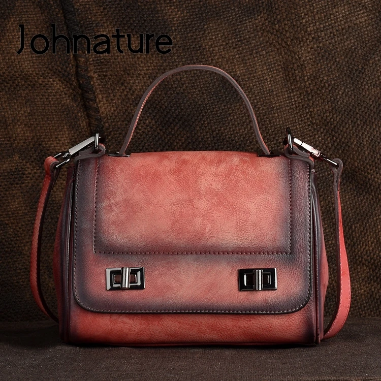 

Johnature 2021 New Genuine Leather Vintage Handbags Leisure Solid Color Hasp Soft Cowhide Flap Women Shoulder&Crossbody Bags