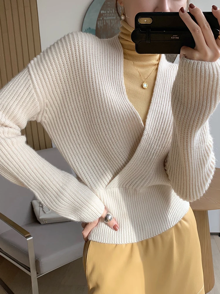 SINGRAIN Women Cross Knitted Sweater Winter Sexy V Neck Korean Fashion Warm Knit Tops Elegant Elastic Knitting Striped Pullovers | Женская