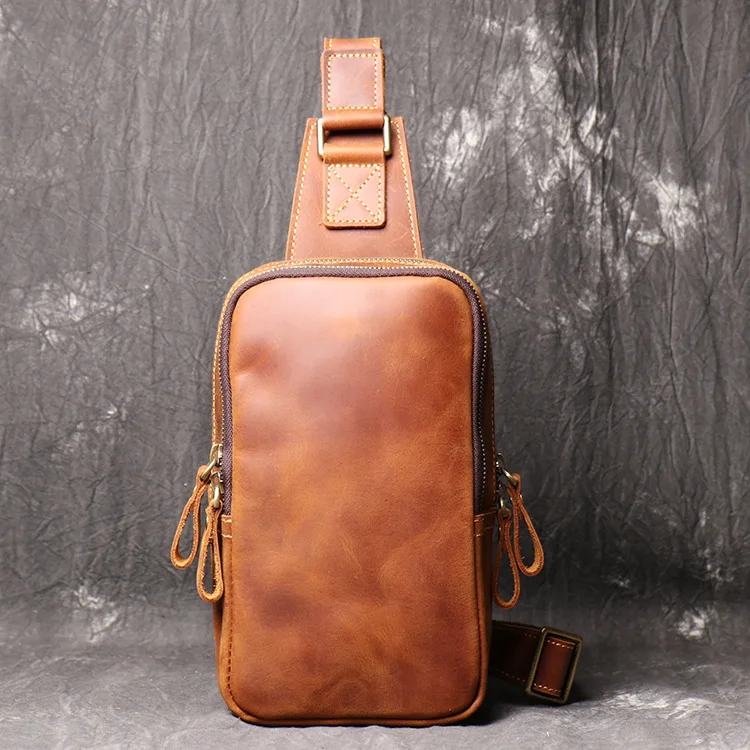 

Men's Crossbody Bags Crazy Horse Leather Chest Bag's Leather Crossbody Bages Retro Men's Zip Pocket Short Travel Bag