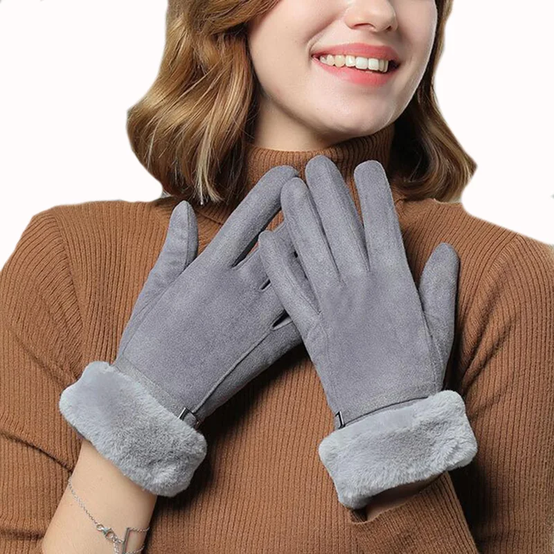 Простые теплые перчатки с пряжкой и сенсорным экраном женские зимние замшевые