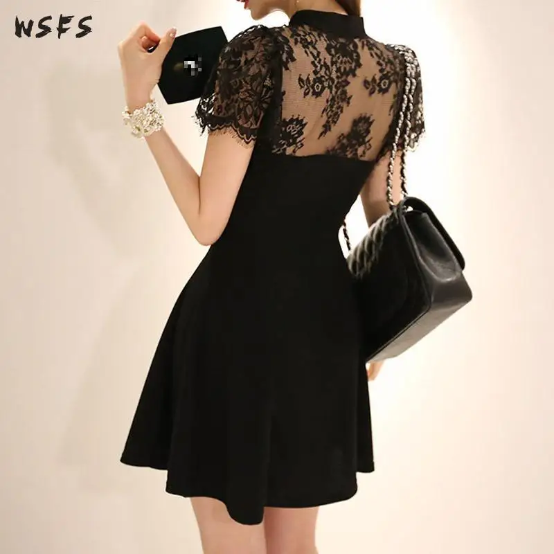 Летние платья черное кружевное женское платье с коротким рукавом прозрачное