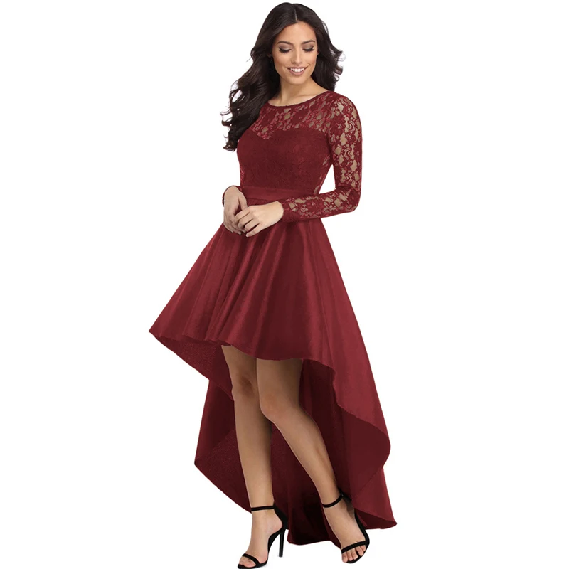 

Solid Color Party Dress Autumn Winter New round Neck Long Sleeve Lace Dovetail Satin Ball Dress Vestidos Elegantes Para Mujer