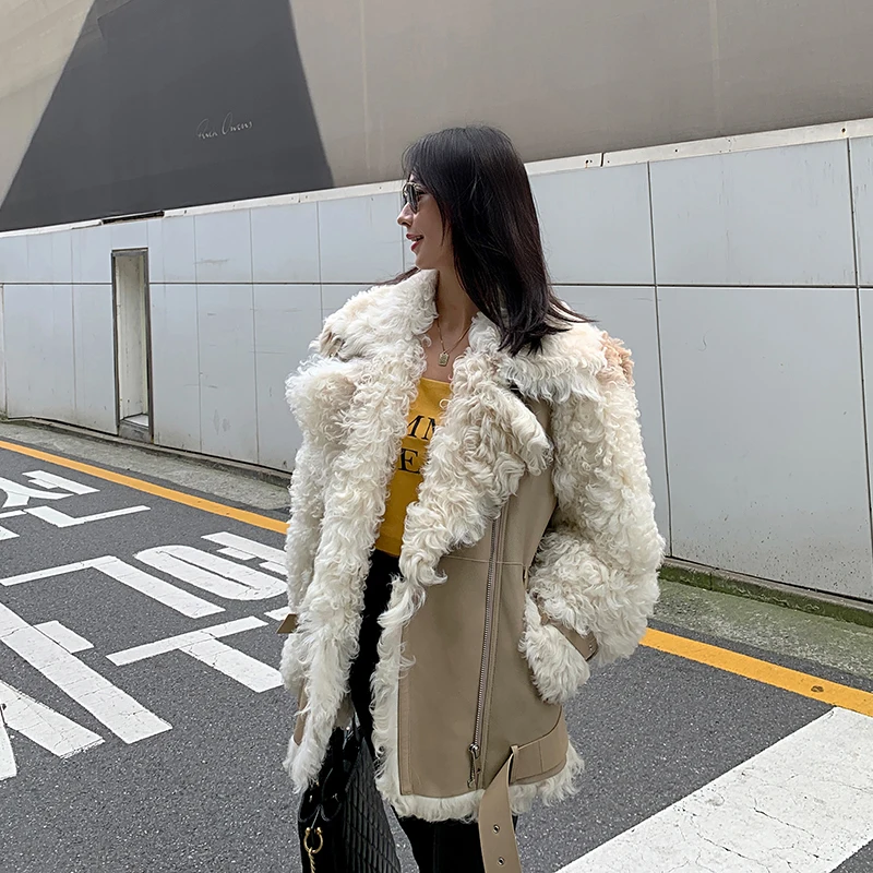 

Input wholepelt geniue lamb Fur Winter motorcycle suit 2020 Thick Real lamb short lapel Jacket Female Warm coat