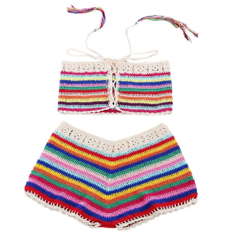 Womens Sexy Bohemian Rainbow Handmade Crochet Knitted Bikini Set Drawstring Lace Up Bandeau Tube Top Shorts Beach Swimsuit Drop | Спорт и