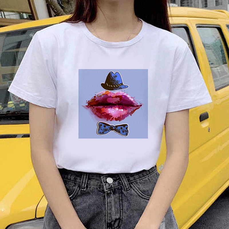 

Women's T-shirt red lips love printing T-shirt basic O-neck short-sleeved ladies white T-shirt Aesthetic white tshirt