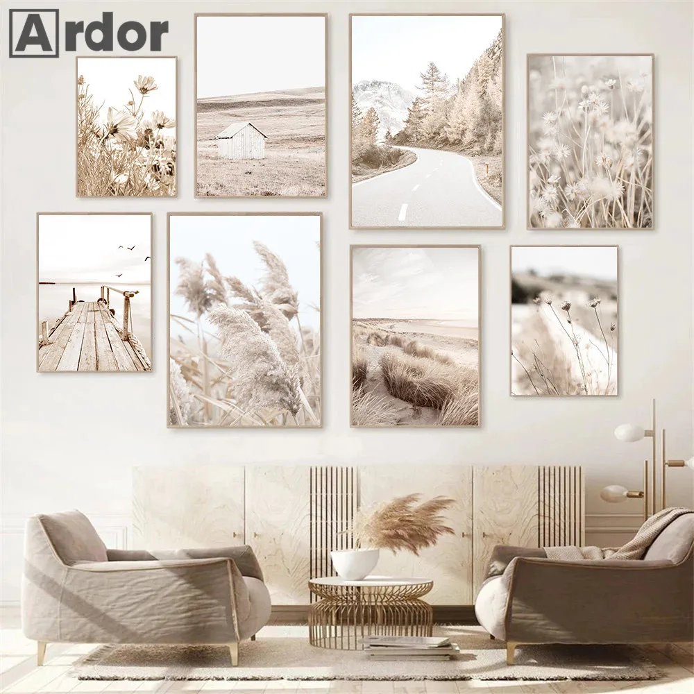 

Dried Grass Reed Wall Art Canvas Poster Beige Flower Painting Beach Ocean Bridge Print Landscape Wall Pictures Living Room Decor