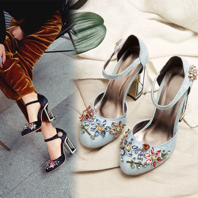 

Kmeioo rhinestone flower shoes wedding luxury shoes women velvet high heel shoe crystal open heels metal party pumps