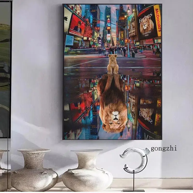 Animal Lion Nordic Poster City Street Landscape Canvas Painting and Prints Modern Wall Art Pictures for Living Room Home Decor | Дом и сад