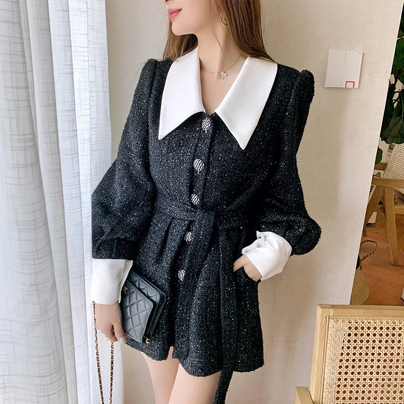 

Women's Long Sleeve Lapel Plaid Tweed Playsuit 2020 Fall High Quality Elegant Single Breasted Women Black Jumpsuit and Romper