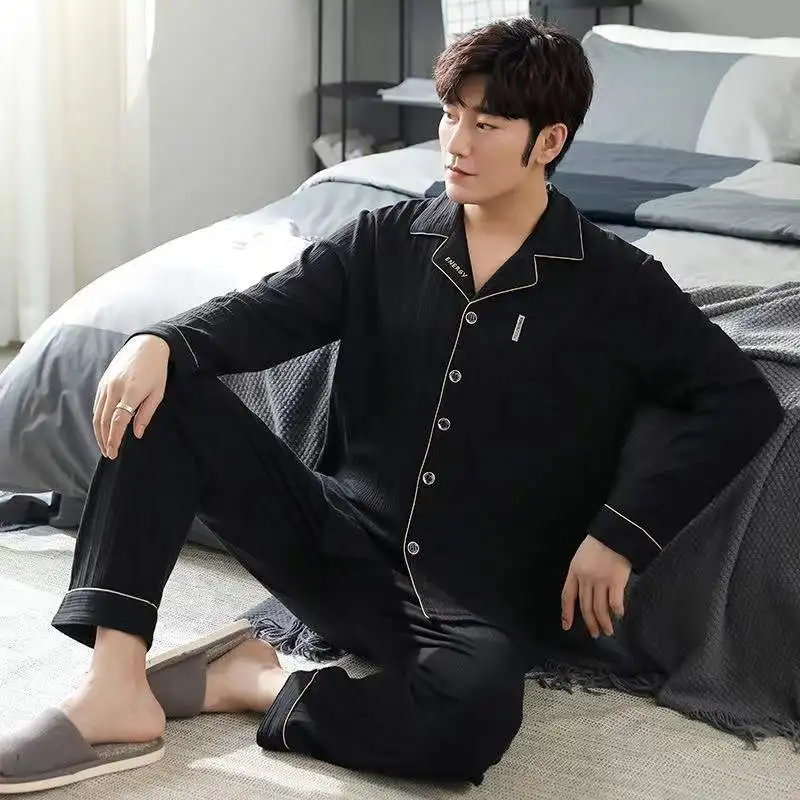 100% Cotton Pijama For Men Turn-Down Collar Spring Autumn Lounge Sleepwear Pyjamas 2-Piece Set Home Clothes Male Homewear