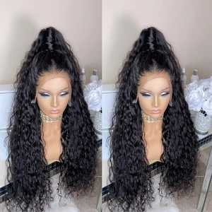 Black Synthetic Curly Wigs Natural Hairline Heat Resistant Fiber Hair Glueless Water Wave Synthetic Lace Front Wigs For Women