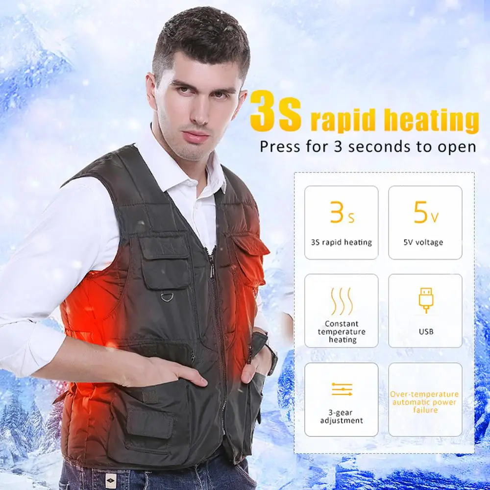 

Intelligent Heating Solid Color Cotton Vest Korean Version Jacket Clothes Autumn and Winter Loaded Heating Fishing Vest 4P