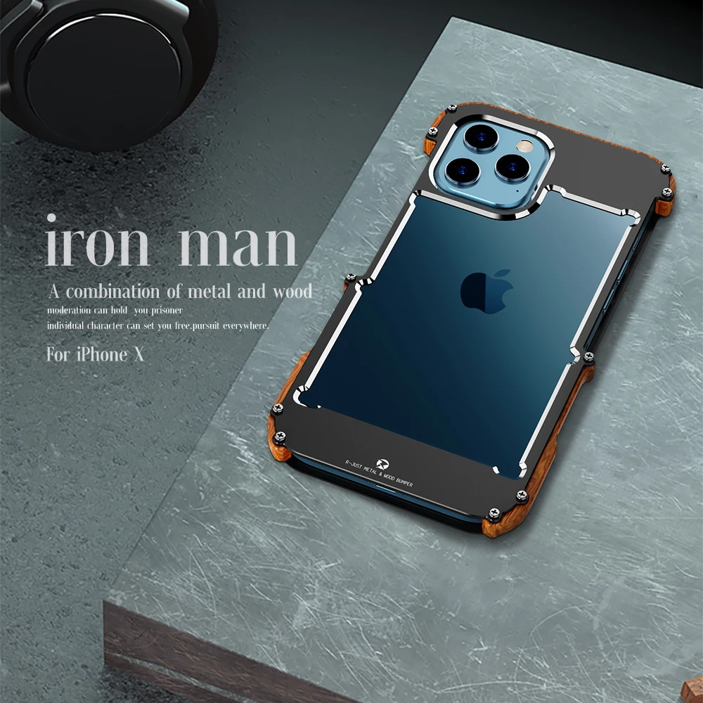 

R-Just Wood Phone Case For iPhone 12 Pro Hard Metal Bumper Protective Phone Case for iPhone 12 Pro Max Wooden Back Covers
