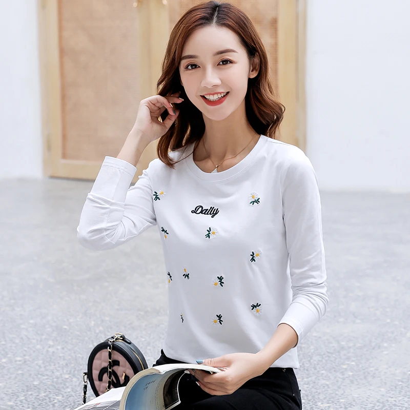 Женская хлопковая футболка с длинным рукавом Повседневная вышивкой и о вырезом