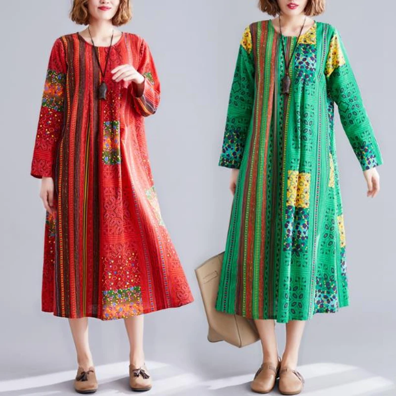 2020 осеннее хлопковое конопляное облегающее длинное платье с принтом в