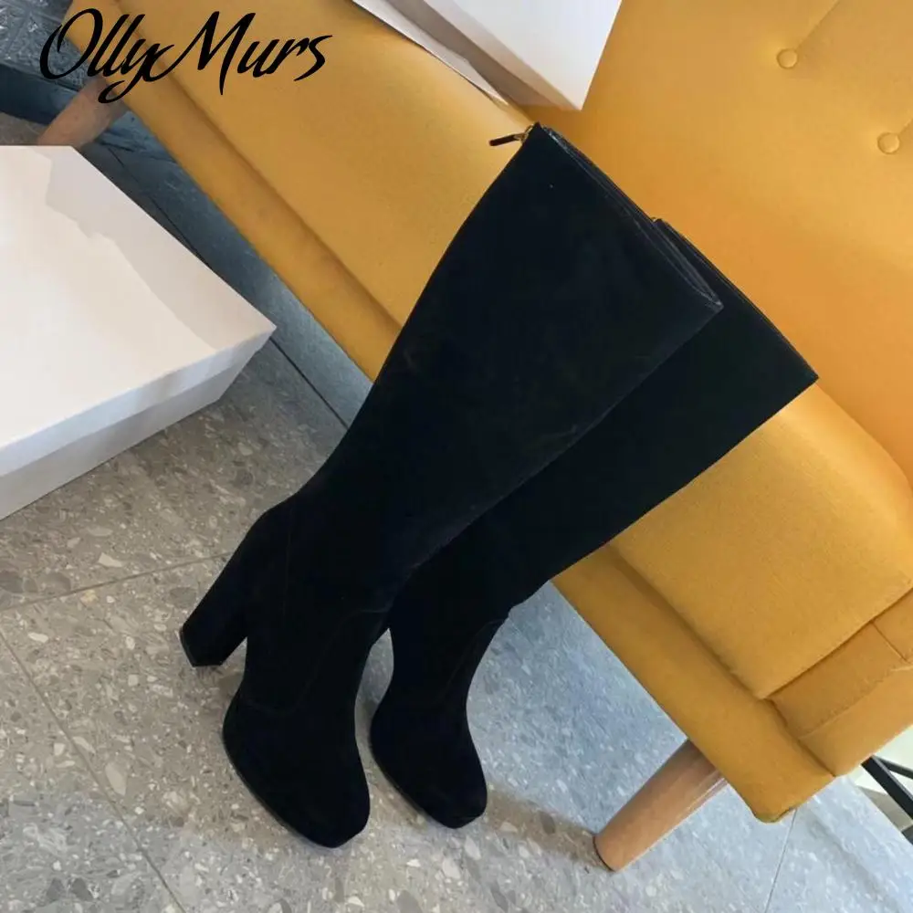 

Ollymurs Hot Sale Kid Suede Knee High Boots Woman Pointed Toes Chunky Heels Boots Woman Platform High Heels Boots Woman
