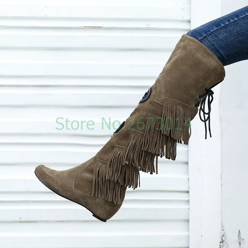 

Women Ankle Vintage high Boots Autumn Tassel Embellished Flats Round Toe Suede Shoes Lace up Boots