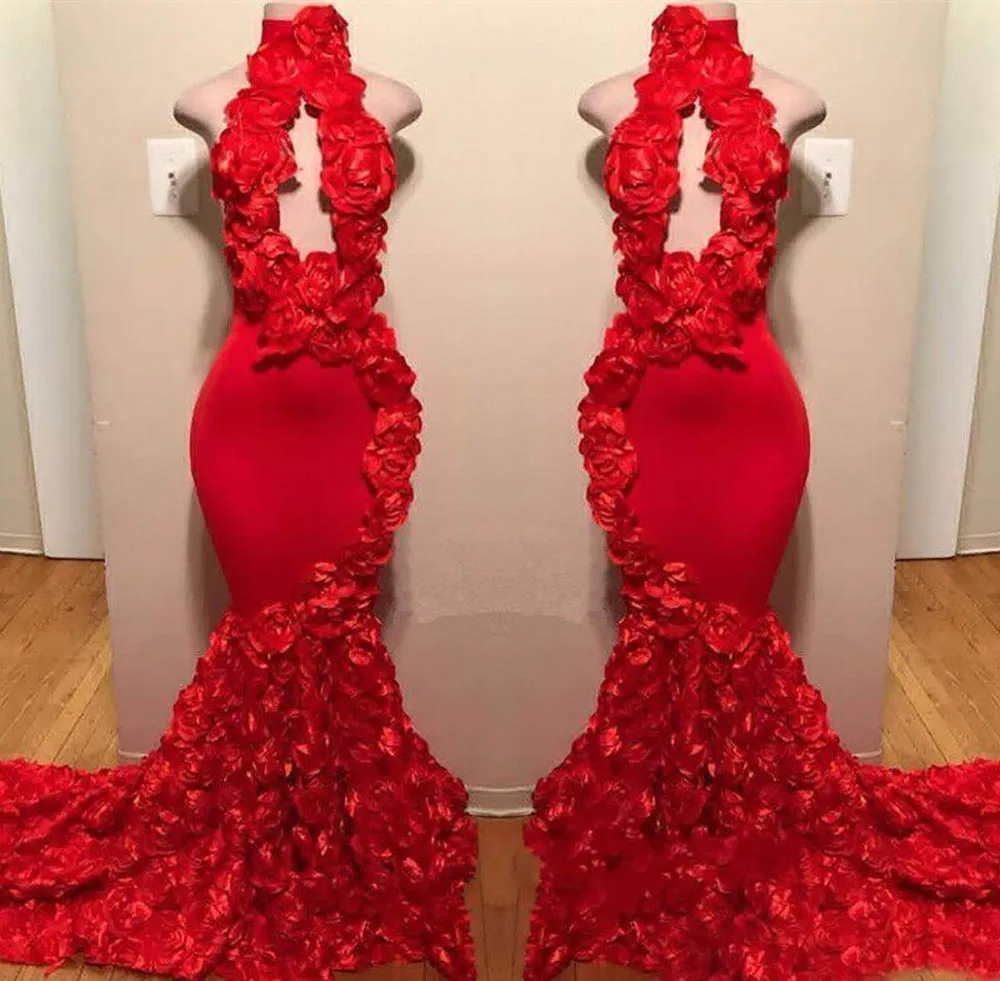 

Appliques High Neck Sexy Formal Evening Dress Sweep Train Satin Fashion Cocktail Party Design Red Mermaid Prom Dresses