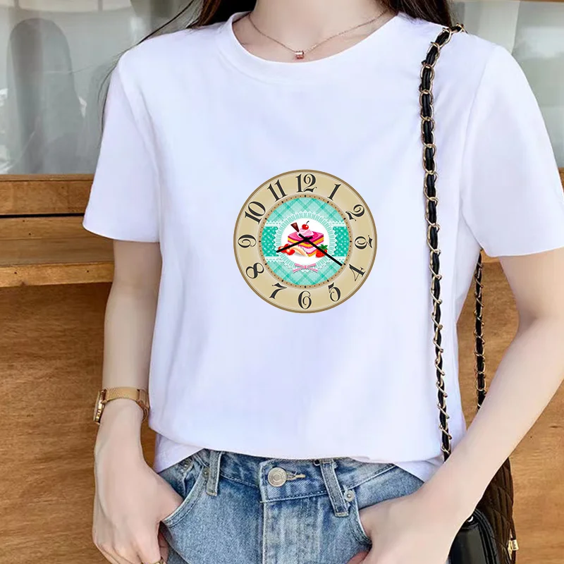Женская футболка с изображением часов Мультяшные топы простые белые футболки