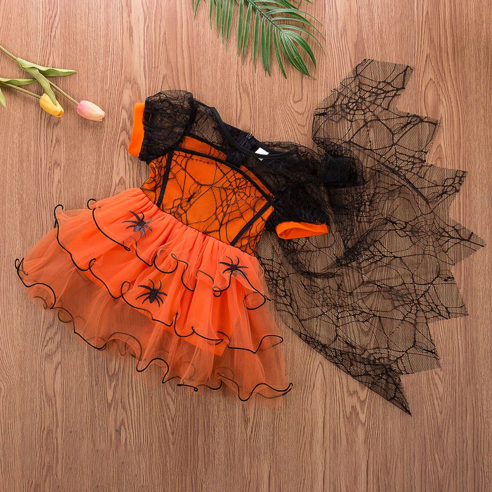 Фото Toddler Baby Girls Halloween Costume Cute Spider Web Tulle Cloak Dress Party Princess Dresses Clothes №3