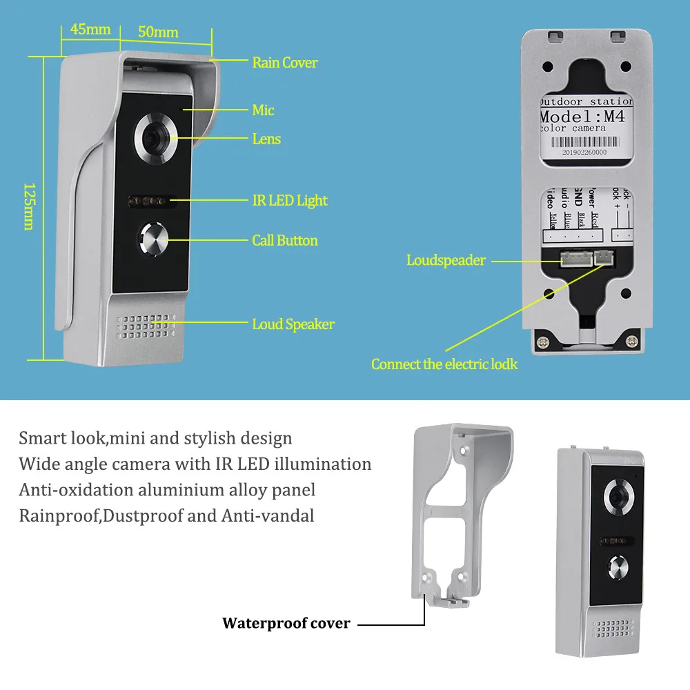 

4.3 inch Home Intercom Video Door Phone Video Intercom Doorbell Doorphone Waterproof 700TVL Camera Two-way Audio IR Night Vision