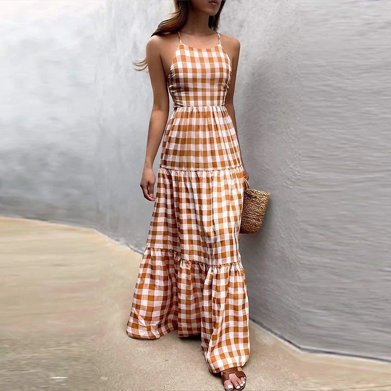 

Sexy Off Shoulder Pleated Boho Long Dress Women Spring Cross-criss Backless Loose Maxi Dress Summer Sleeveless Solid Beach Dress