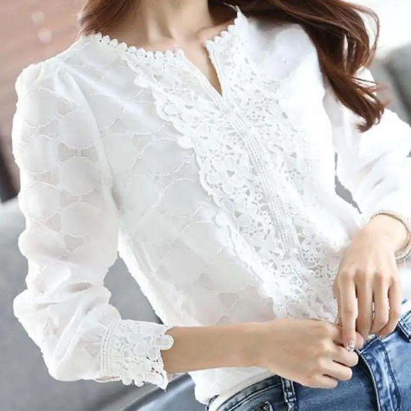 

Hot 2019 Women Embroidery White Lace Tops Solid Casual Long Sleeve Lady Basic Chiffon Shirt