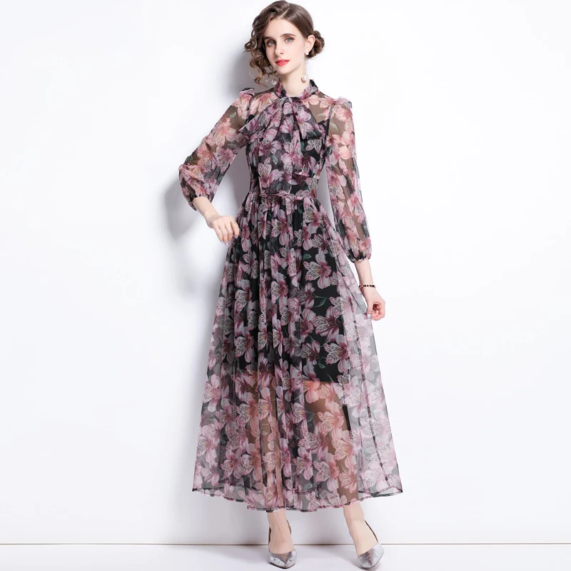 

Vestidos De Fiesta Fashion Designer Runway Dresses 2021 Summer Bow Collar Vintage Floral-Print Elegant Vacation Chiffon Dresses