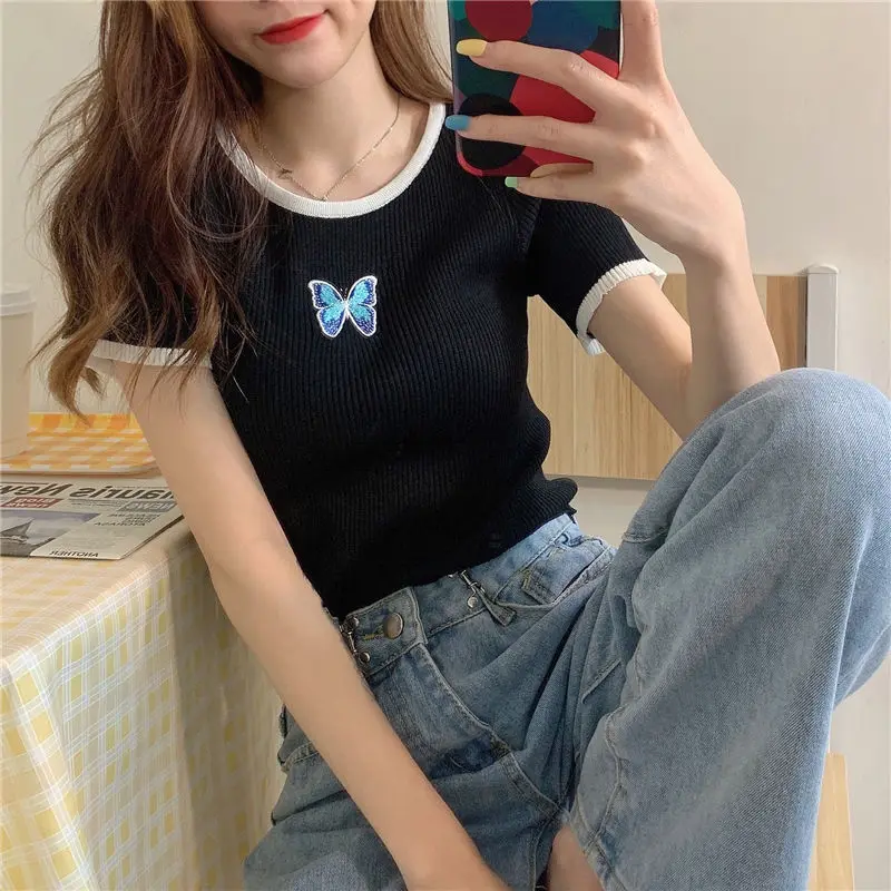 

New Butterfly Print Contrast Short Sleeve Knitted Shirt T-shirt Women's Summer Crewneck Turtleneck Slim Short Joker Top