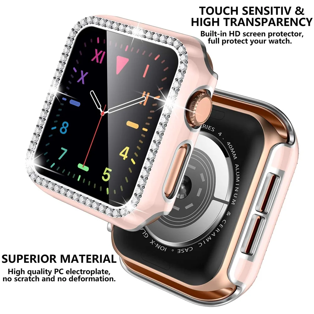 Шикарное стекло + чехол для Apple Watch 44 мм 45 41 40 42 38 фотоэлемент защита экрана iwatch