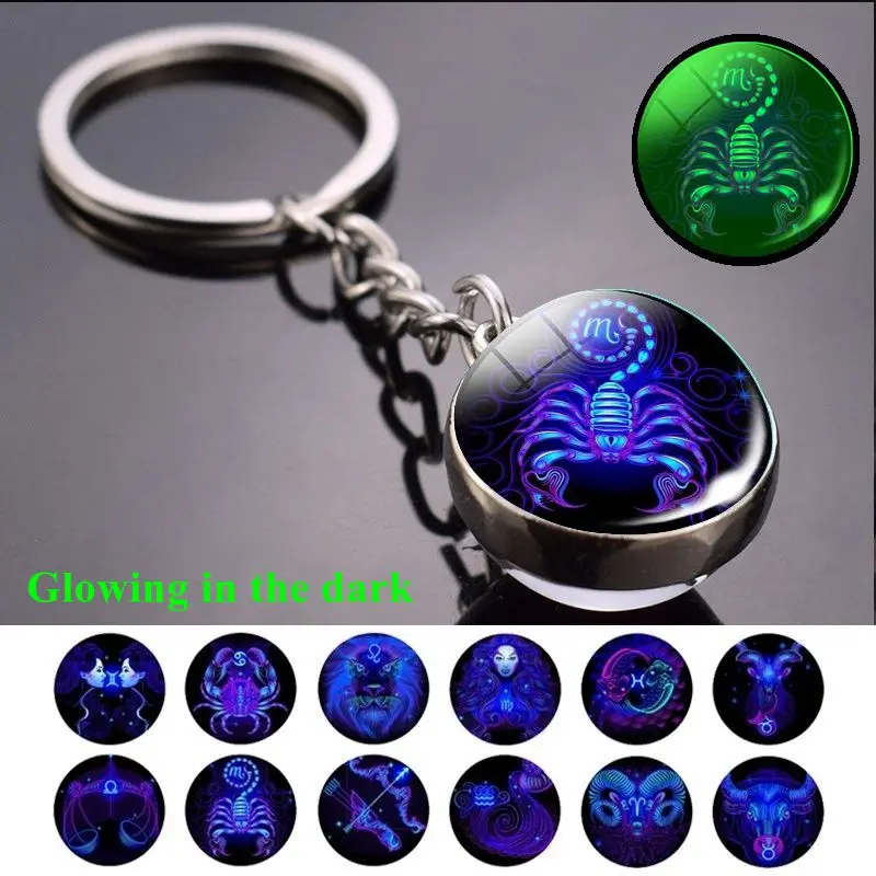 

12 Constellation Keychain Fashion Double Side Cabochon Glass Ball Keychain Zodiac Signs Keyring Key Jewelry Glowing In The Dark
