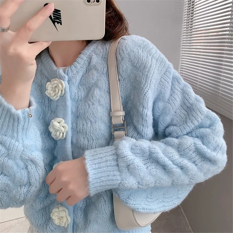 EBAIHUI Mohair Sweater Cardigan Women Thick Warm Knitted Winter Clothes Floral Casual Loose Crop Top Short Coat |