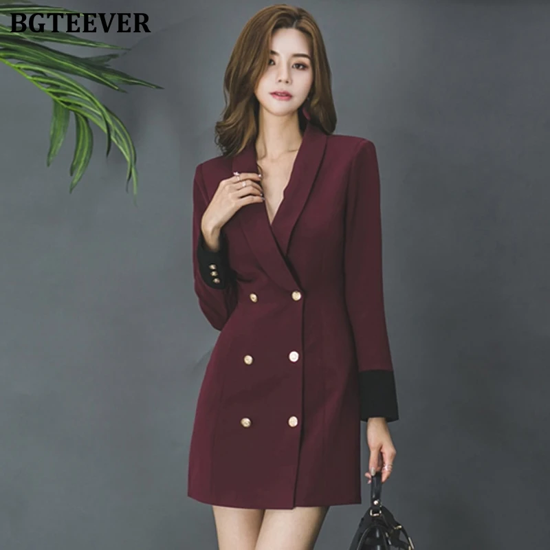 

BGTEEVER Elegant Turn-down Collar Double-breasted Women Blazers Patchwork Cuff Slim Waist Female Mid-length Suit Jacket 2020