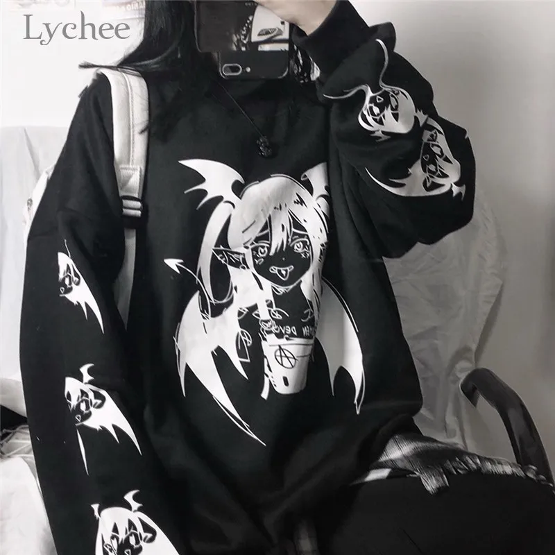 Lychee Harajuku повседневные свободные женские флисовые пуловеры темный дьявол