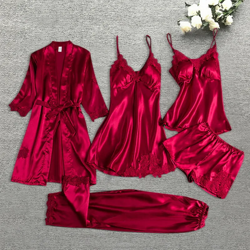 

Pajama Set Women Lace Trim Satin Sleepwear Pyjamas Pour Femme Summer Nightwear With Pants Casual Home Wear Kimono Robe Gown PJS