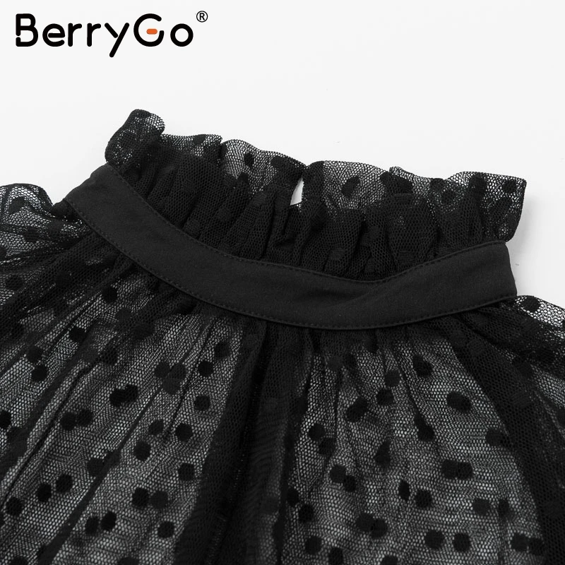 BerryGo сексуальное Полосатое кружевное женское платье в горошек черная поясная оболочка вечернее платье с пышными рукавами осенне-зимнее офисное женское платье