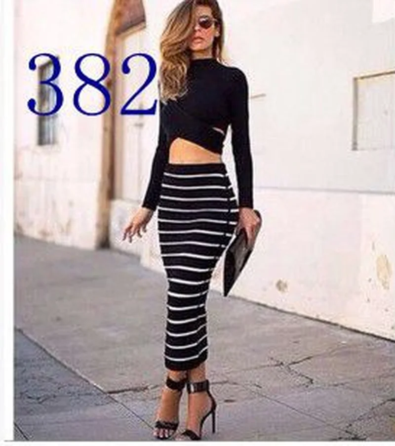 

New Fashion 2 Piece Set Women Crop Top And Skirt Set Cross Crop Top And Striped Pencil Skirt Long Maxi Skirt Set Cropped