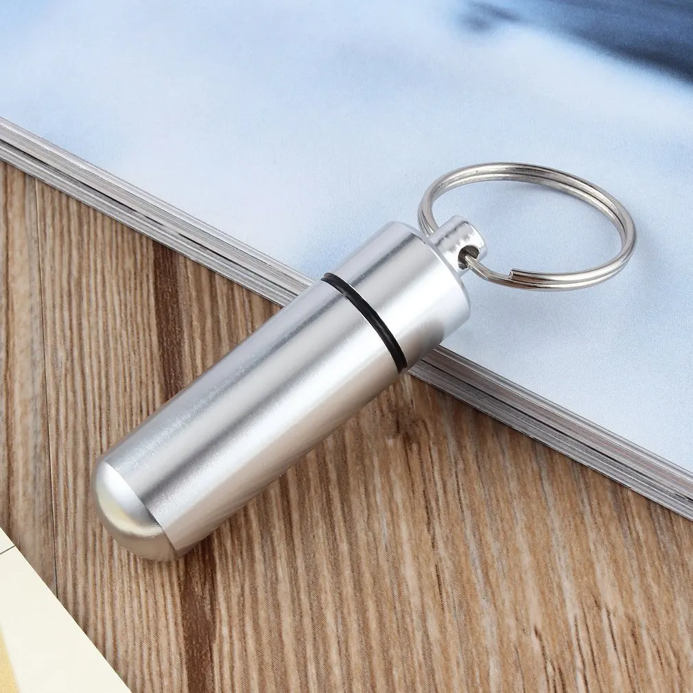 

Mini Portable Waterproof Aluminum Silver Pill Box Case Bottle Cache Drug Holder Container With Key-Chain Key Holder